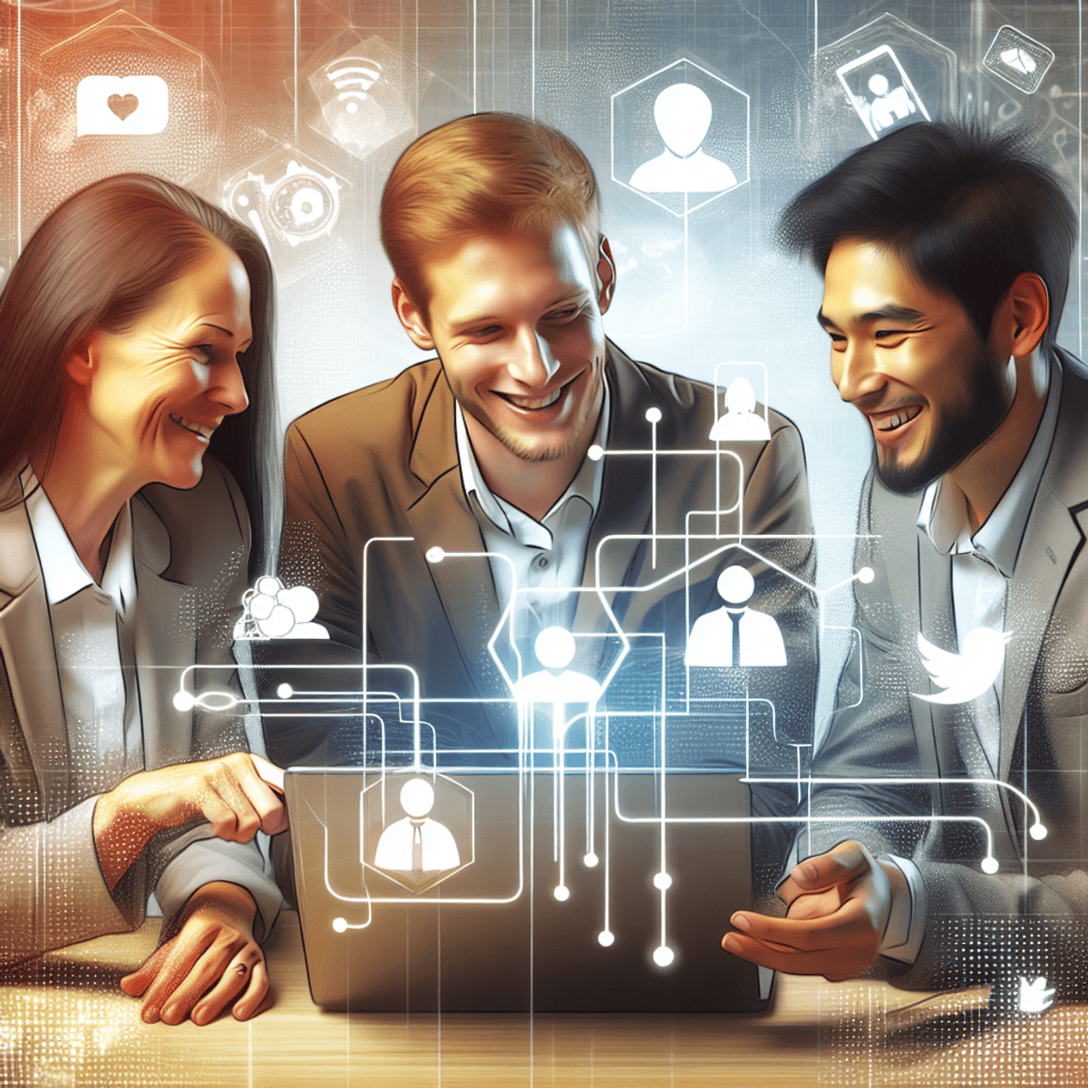 A diverse group of three professionals, one Caucasian, one Hispanic, and one Asian, animatedly discussing around a laptop. The scene captures their li