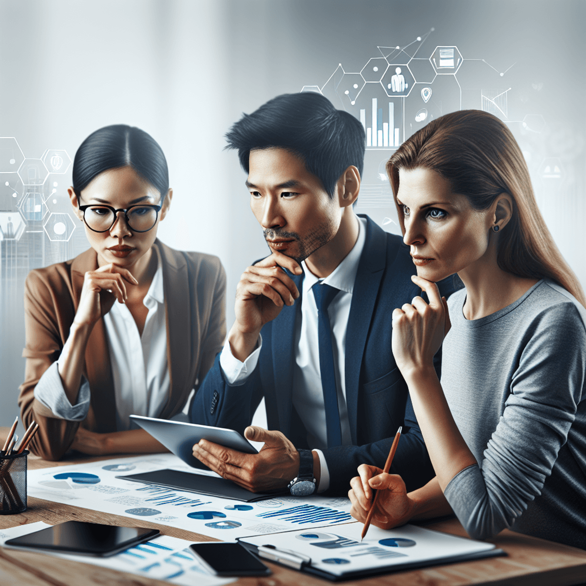 A diverse group of three professionals, including a Caucasian woman, an Asian man, and a Hispanic woman, are gathered around a table in a modern offic