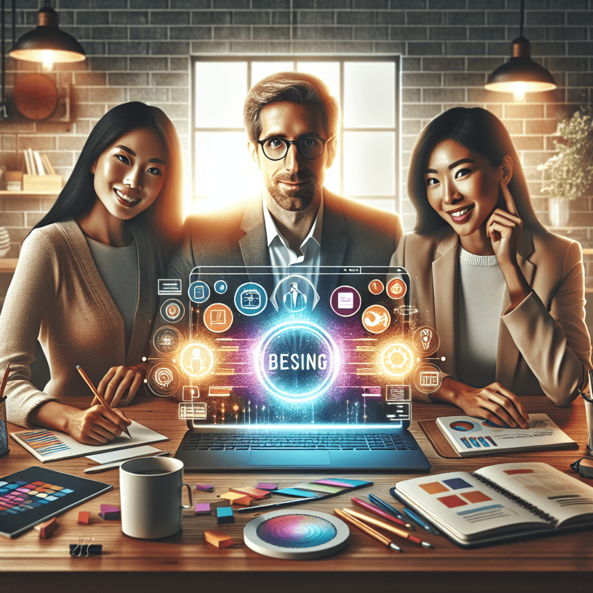 A Caucasian man, an Asian woman, and a Hispanic man collaborate around a laptop displaying a colorful personal brand website. They are in a modern, co