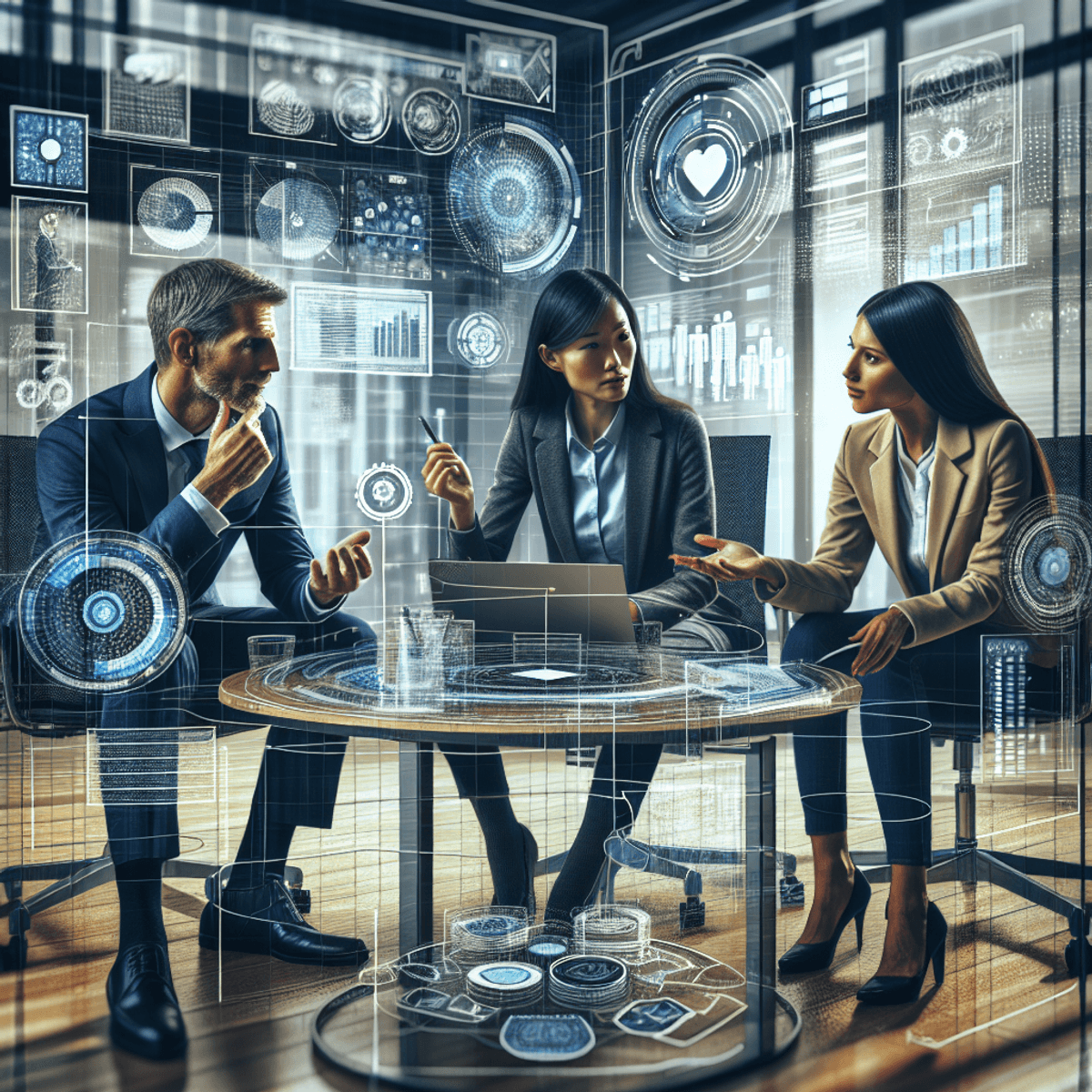 A diverse group of three professionals engaged in a brainstorming session in a modern office. A Caucasian man, an Asian woman, and a Hispanic man are