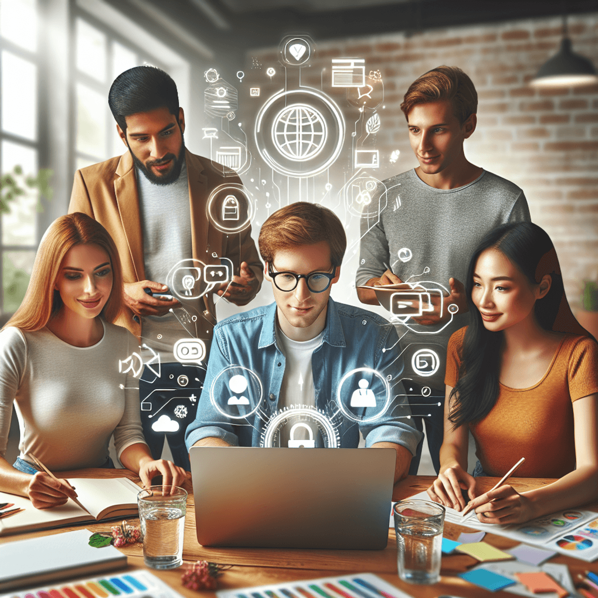 A diverse group of young professionals, including a Caucasian man, a Hispanic woman, and an Asian woman, collaborate energetically around a laptop in