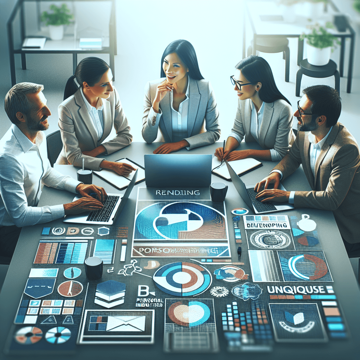 A diverse group of three professionals—Caucasian woman, Hispanic man, and Asian woman—collaborate around a table cluttered with laptops, colorful logo
