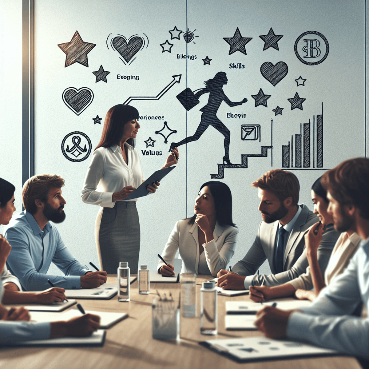 A diverse group of professionals engaged in a personal branding workshop, featuring a Caucasian woman leading the discussion. Participants, including